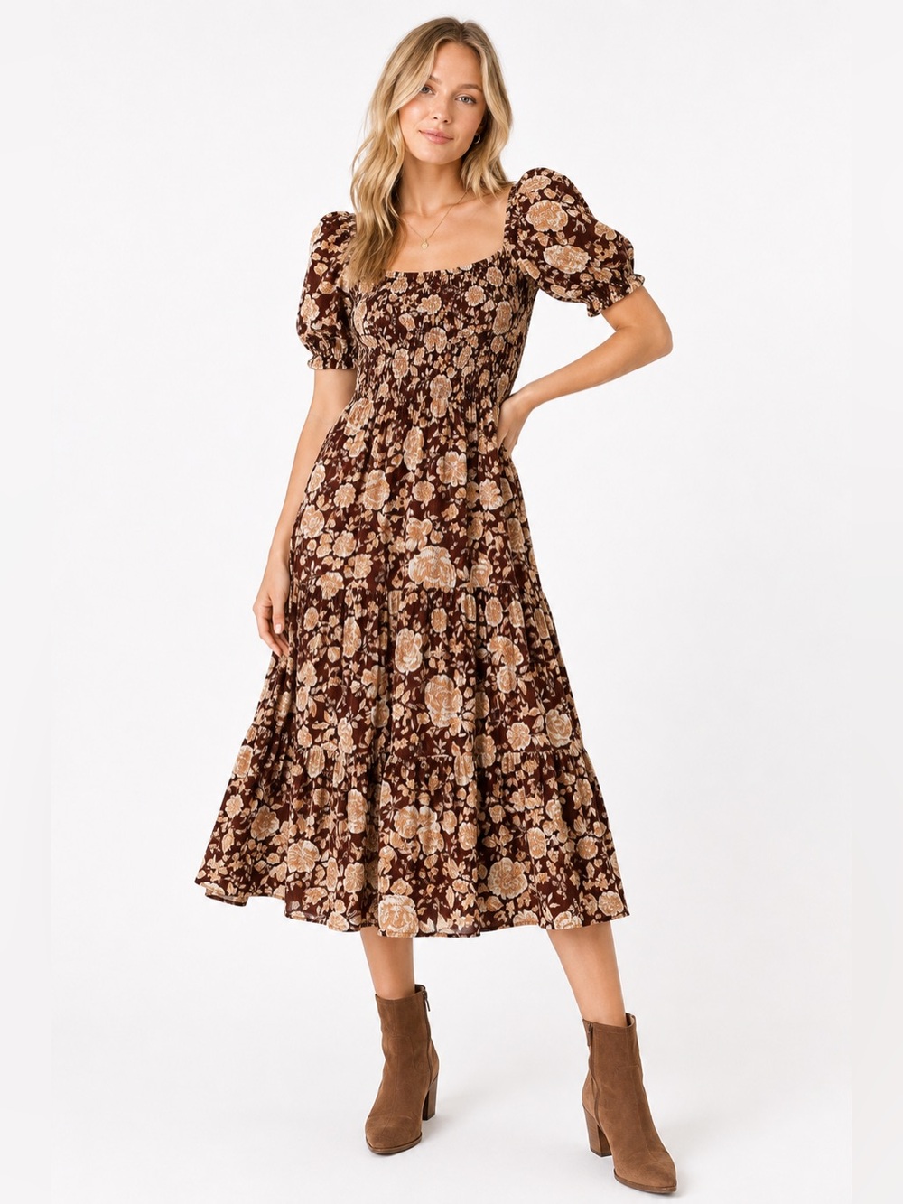 Abercrombie & Fitch Brown Floral Smocked Midi Dress S Puff Sleeve Fall